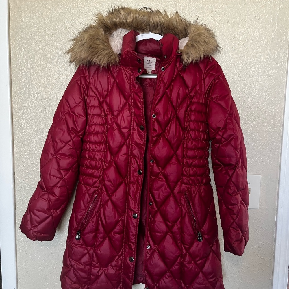 Red fur trimmed women’s winter coat